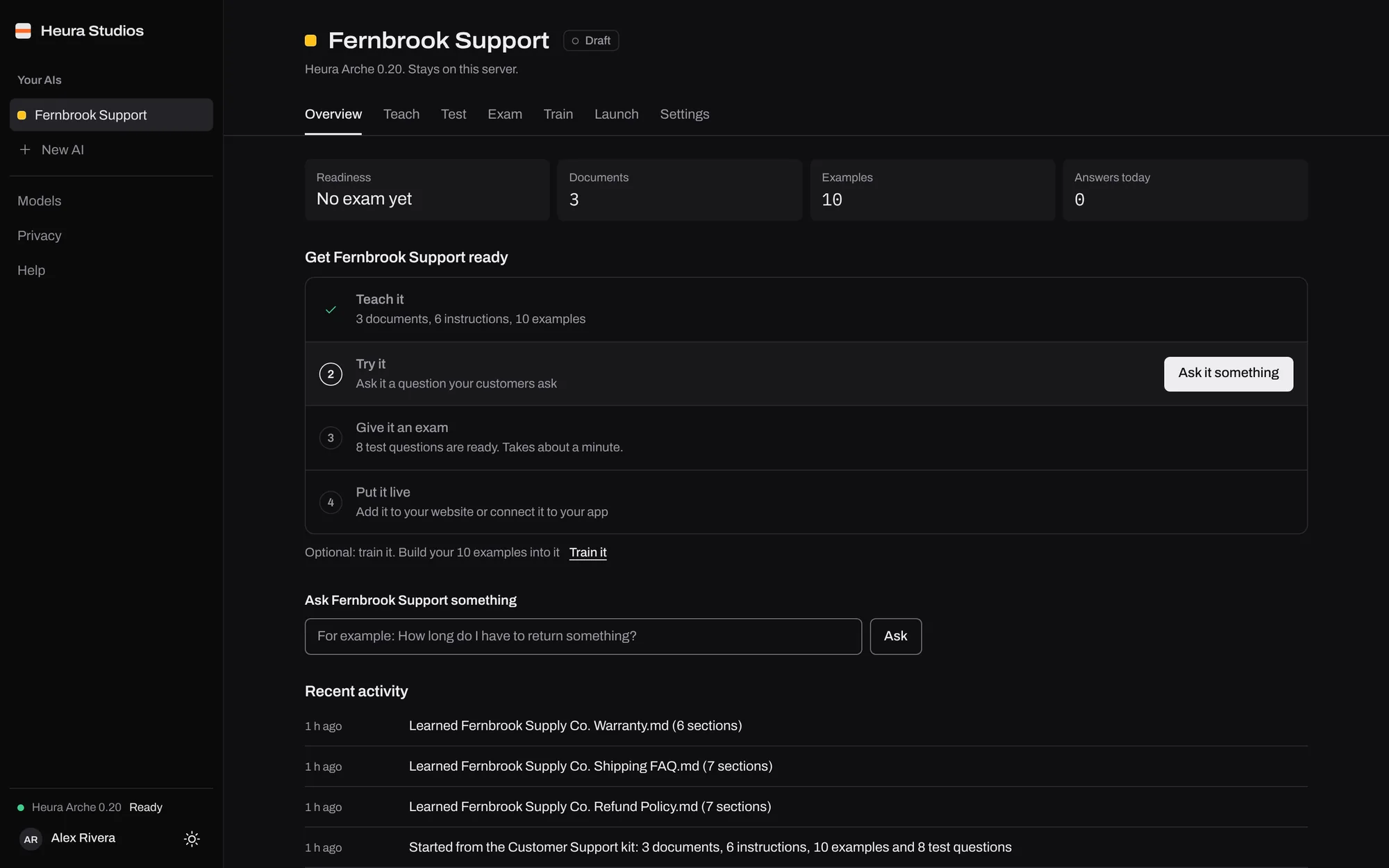 The Overview tab in Heura Studios for Fernbrook Support, a sample AI for a made-up shop: its numbers, a checklist that shows it’s been taught 3 documents, 6 instructions and 10 examples and that trying it comes next, and its recent activity.