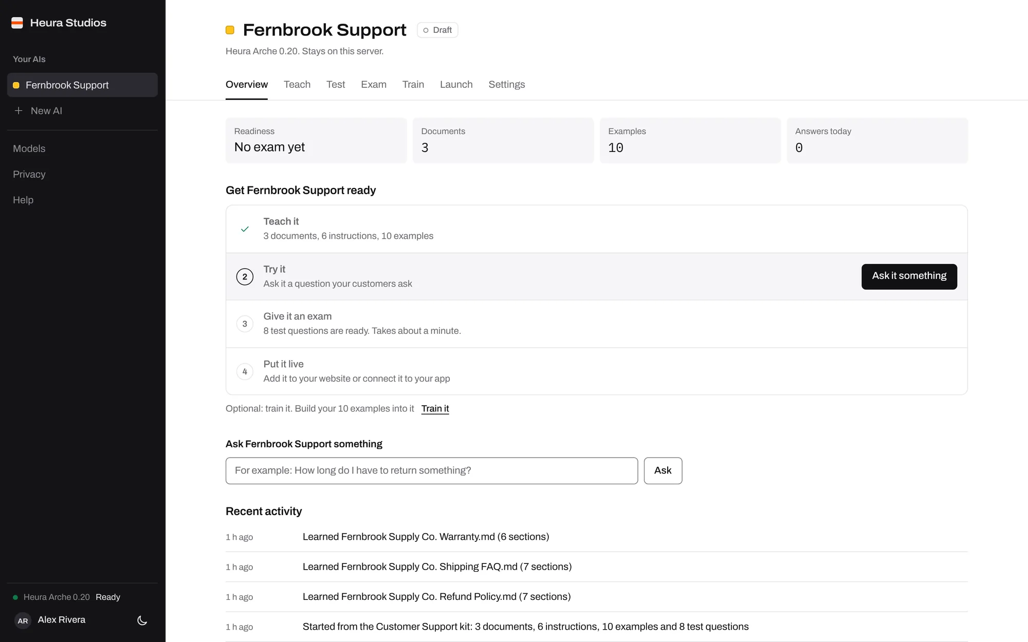 The Overview tab in Heura Studios for Fernbrook Support, a sample AI for a made-up shop: its numbers, a checklist that shows it’s been taught 3 documents, 6 instructions and 10 examples and that trying it comes next, and its recent activity.