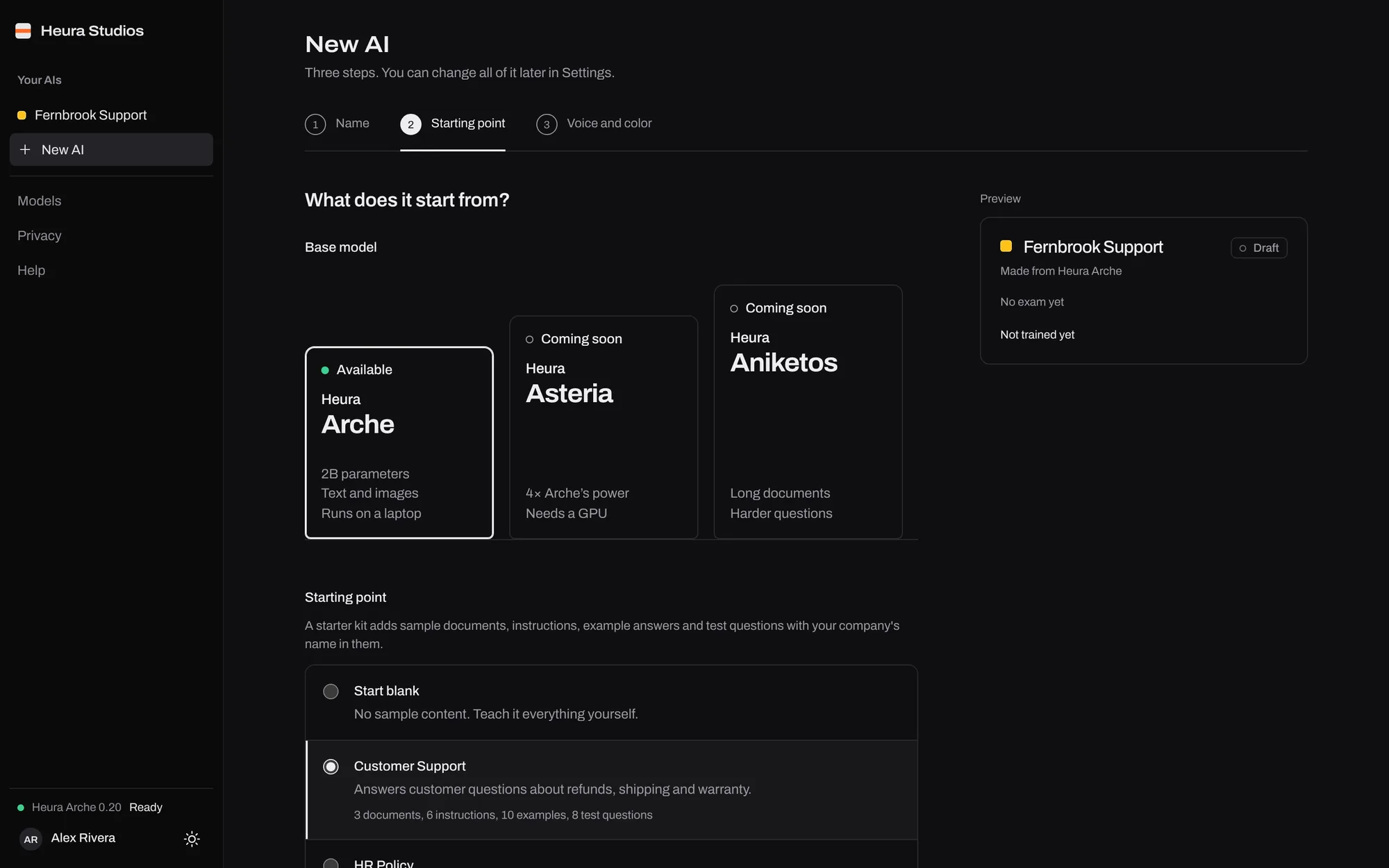 Making a new AI in Heura Studios: picking what it starts from, with Heura Arche available and Asteria and Aniketos coming soon.