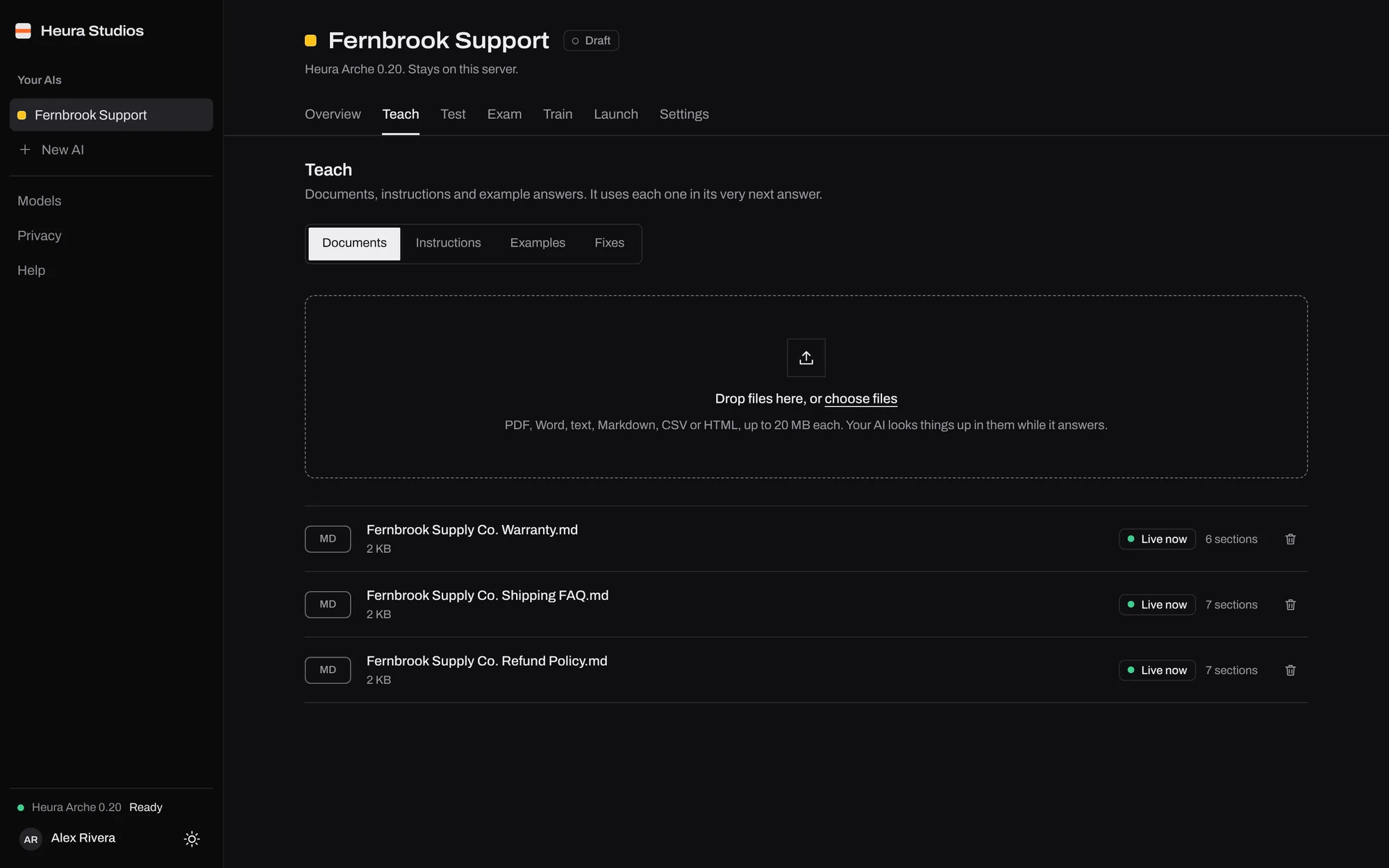 The Teach tab for the sample AI, with its warranty, shipping FAQ and refund policy live.