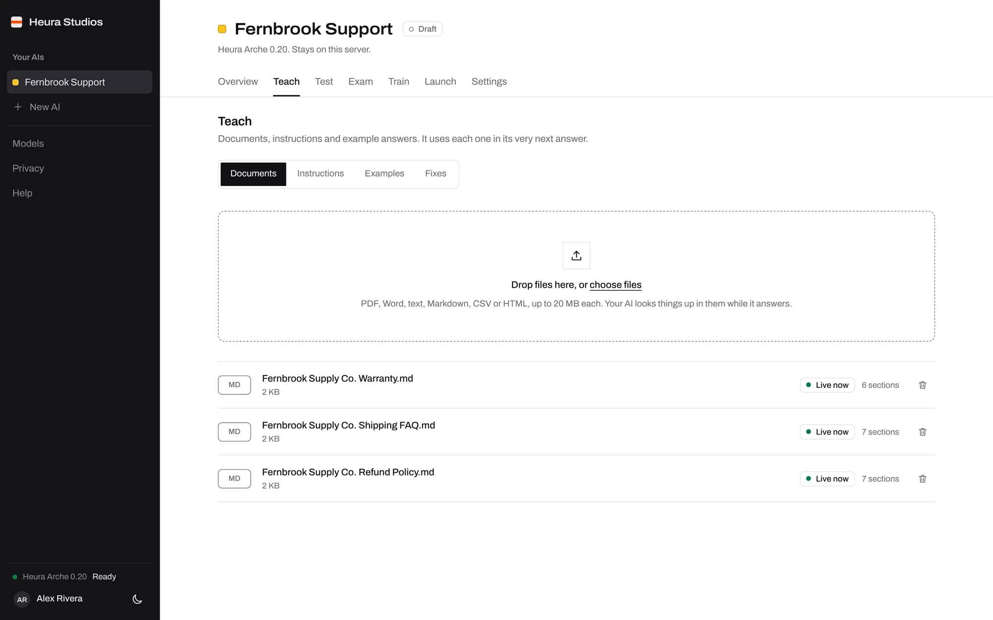 The Teach tab for the sample AI, with its warranty, shipping FAQ and refund policy live.